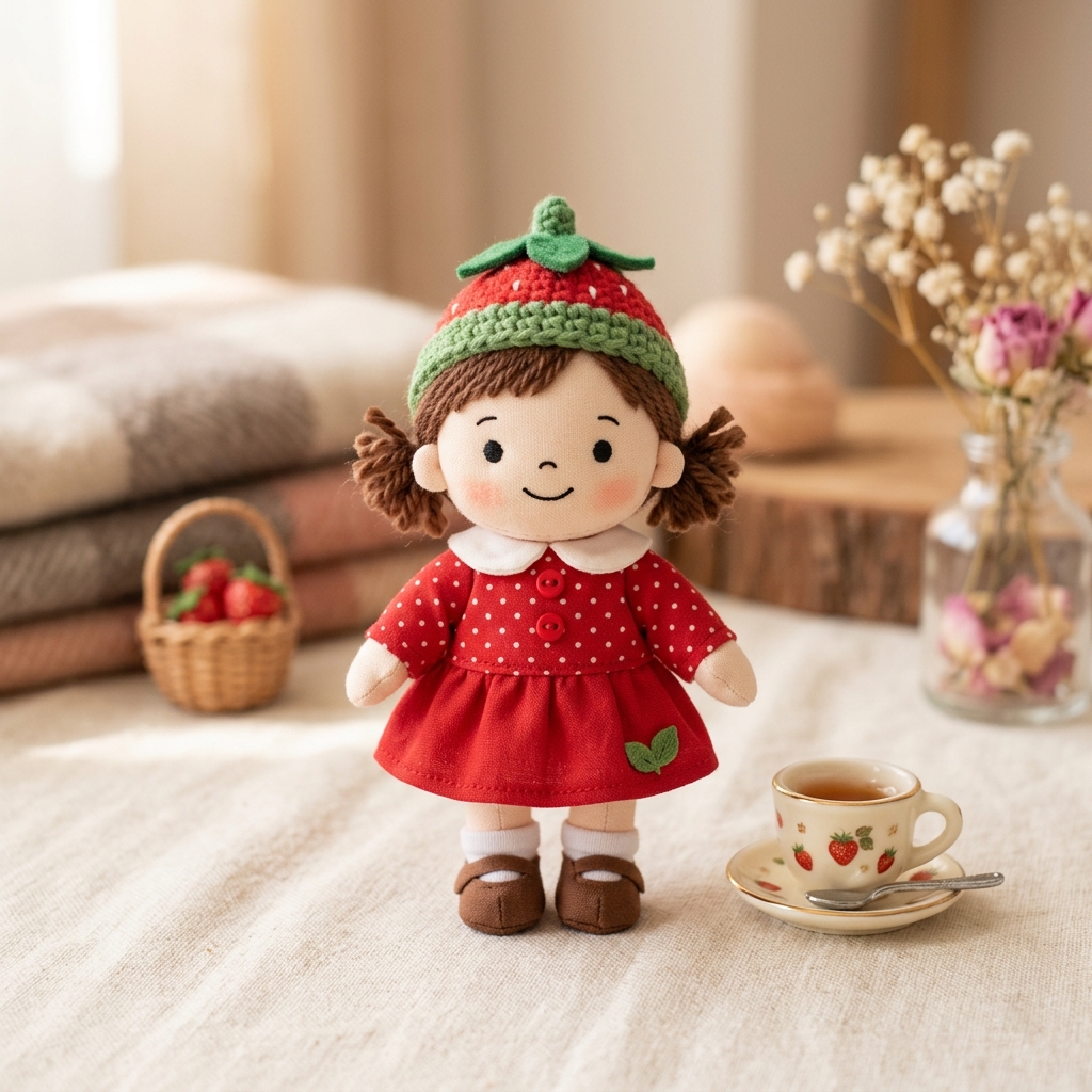 Strawberry Tea 10cm cotton doll front view
