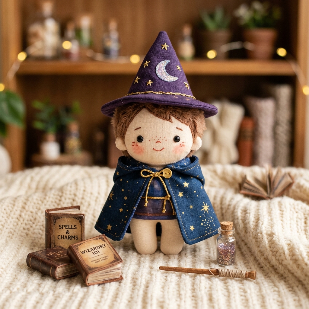 Little Wizard 10cm cotton doll front view